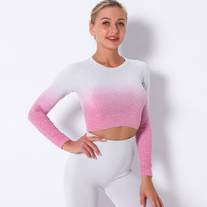 Women Yoga Set Gradient Yoga High Waist Sport Leggings Gym Clothing Set Yoga Sports Suit Fitness Top Shirt Yoga Suit