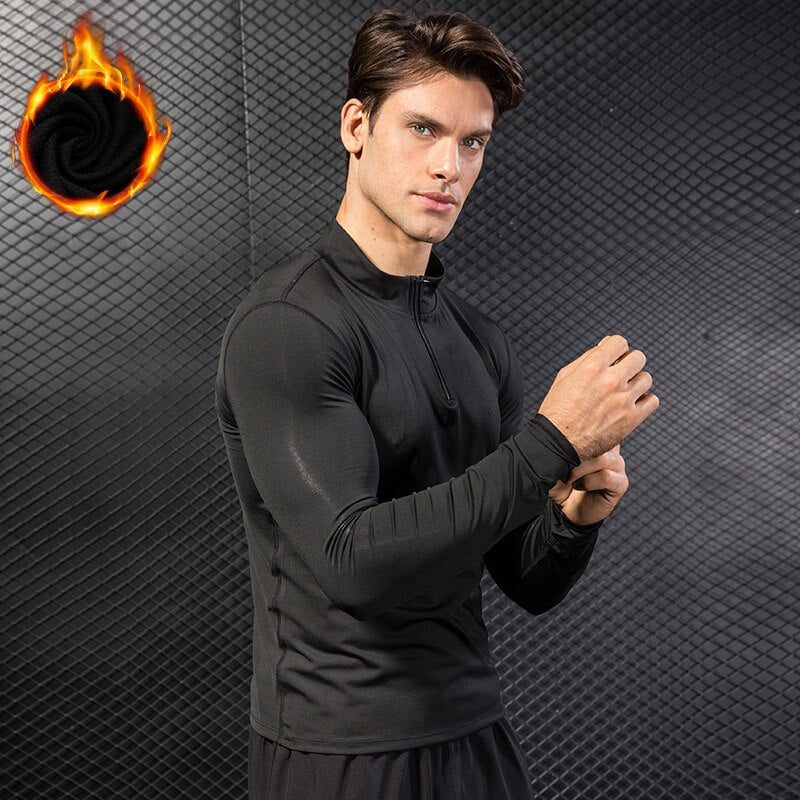 Lovmove Plus Velvet Zipper Base Long Sleeve Spandex Yoga Top Man Workout Fittness Shirts Bodybuilding Jersey Running Clothing