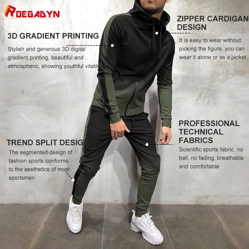 ROEGADYN Winter Sweater Suit Sportswear Man Fitness Suit Sports Workout Running Set Tracksuits Men Set Hooded Gym Clothing Men