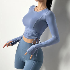 Women Push-up Yoga Pullover Fitness Sport wear Double Lace Up Gym Shirt Long Sleeve Workout Running Crop Top