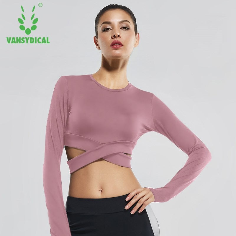 Sexy Exposed navel Yoga T-shirts Women Long Sleeve Running Tees Quick Dry Fitness Gym Crop Tops Vansydical Solid Sports Shirts