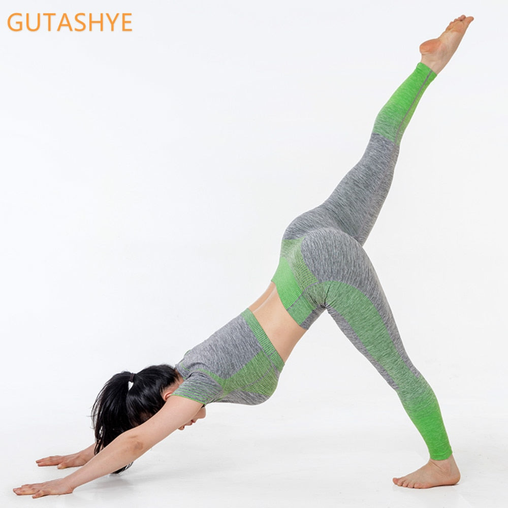 GUTA Women Yoga Sets Yoga Short Sleeve High Waist Sport Leggings Gym Set Yoga Clothes Sports Suit Fitness Top Shirt yoga suit