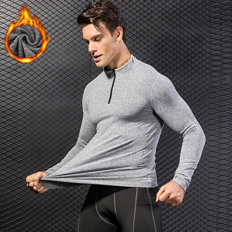 Lovmove Plus Velvet Zipper Base Long Sleeve Spandex Yoga Top Man Workout Fittness Shirts Bodybuilding Jersey Running Clothing