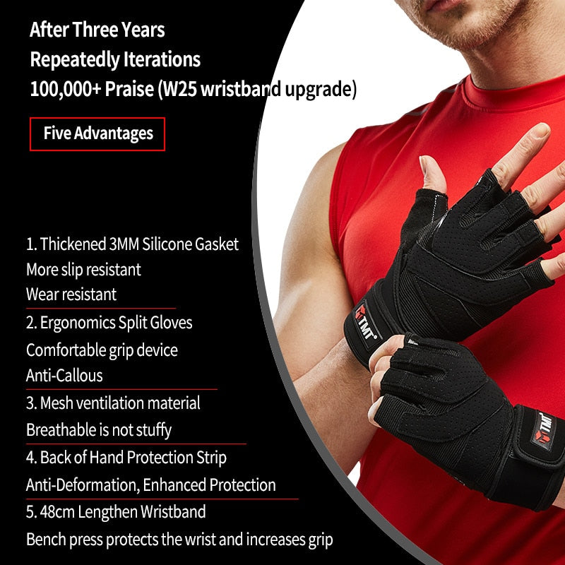 TMT Gym Gloves for Men Fingerless Weight Lifting Dumbbells Silicone Anti-Slip Palm Gloves Workout Crossfit Crossfit Fitness