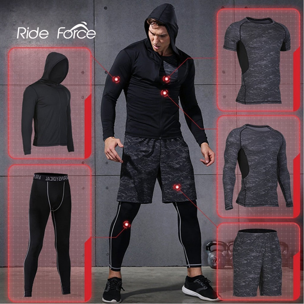 5 Pcs/Set Men&#39;s Tracksuit Sports Suit Gym Fitness Compression Clothes Running Jogging Sport Wear Exercise Workout Tights