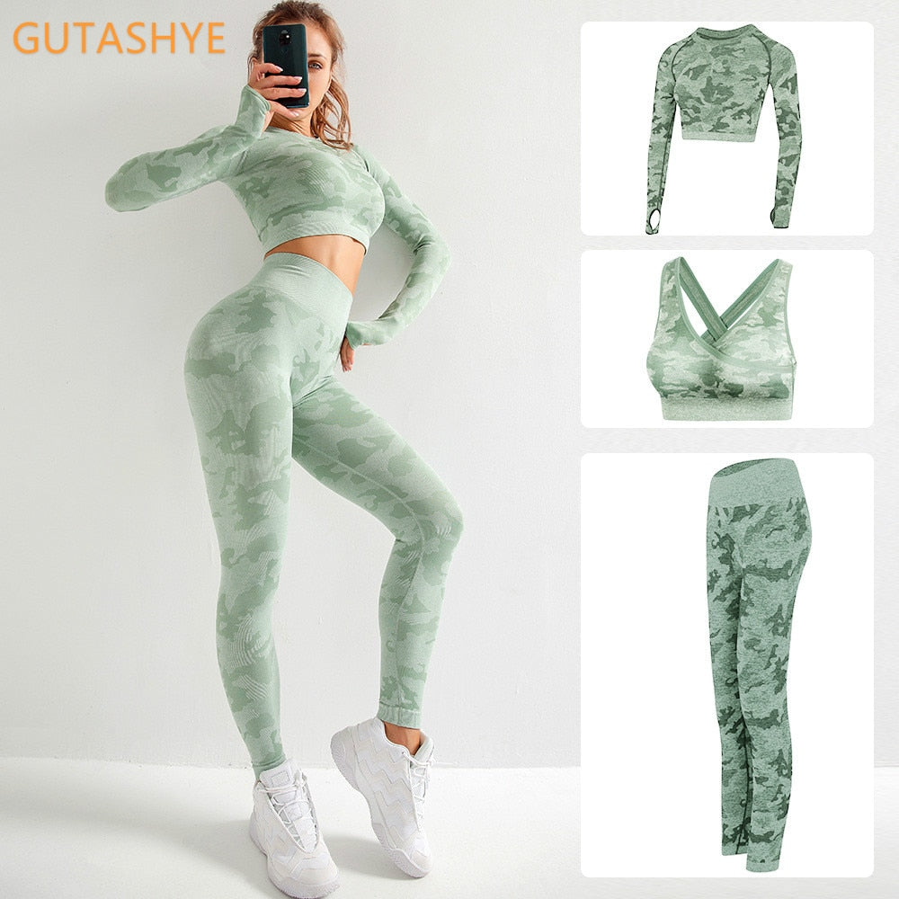 3PCS/Set Camouflage Yoga Set Women Seamless Fitness Yoga Bra Sports Bra High Waist GYM Camo leggings Pants Fitness Suits Workout