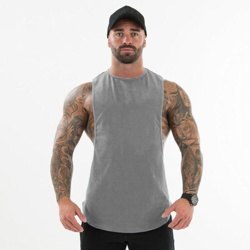 Plain Bodybuilding Clothing Fitness Mens Flow Cut Off T-shirts Dropped Armholes Gym Tank Tops Workout Sleeveless Vest Tanktop