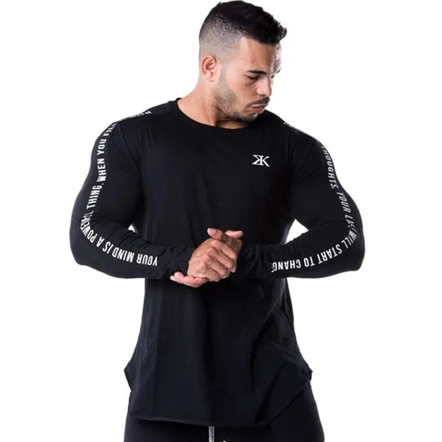 Men Skinny Long Sleeve Shirt Spring Casual Fashion Print T-Shirt Male Gym Fitness Black Tee Tops Quick Dry Bodybuilding Clothing