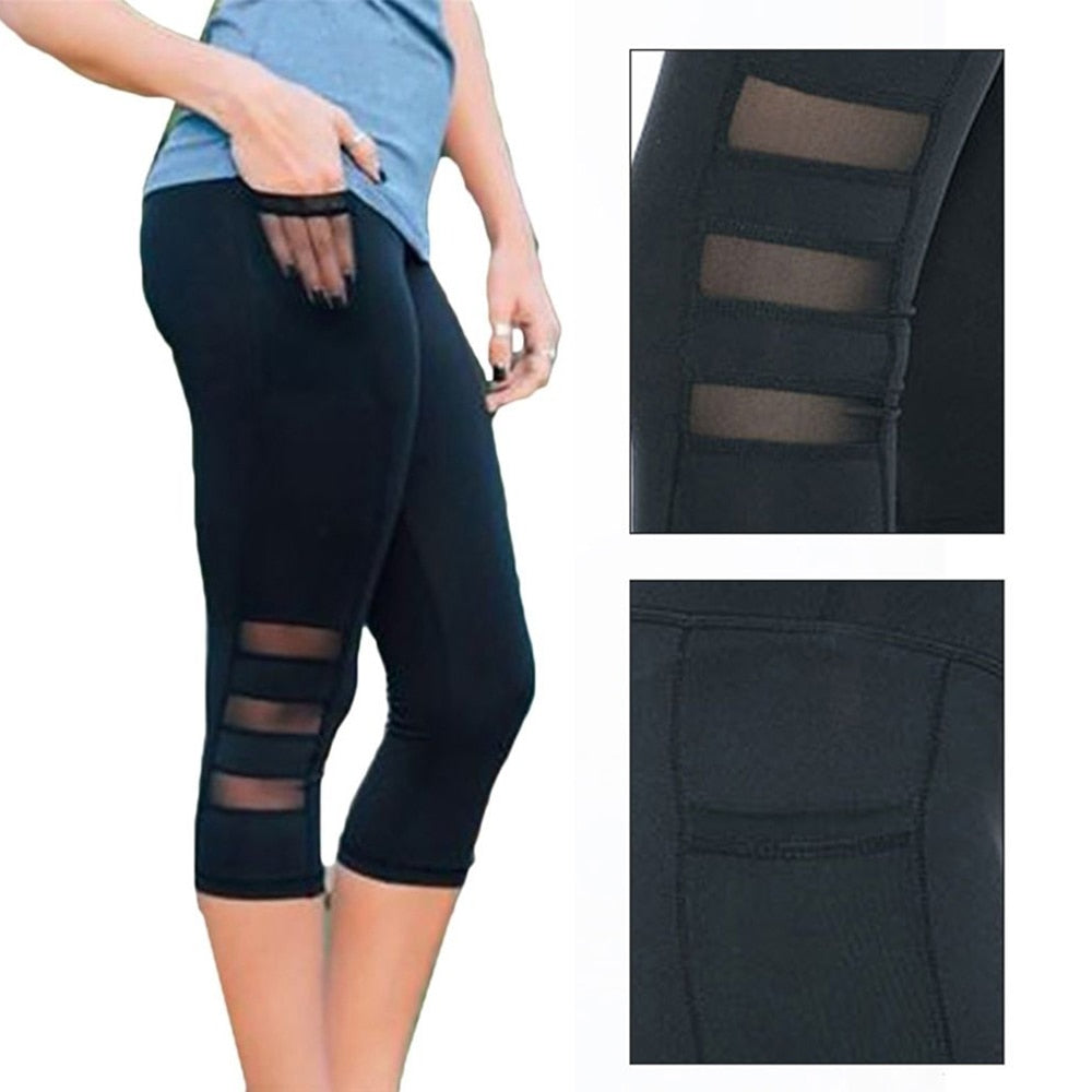 yoga pants with pocket women running legging Capri Sport pants Fitness Gym High Waist Legging Girl Black Mesh 3/4 Yoga Pants