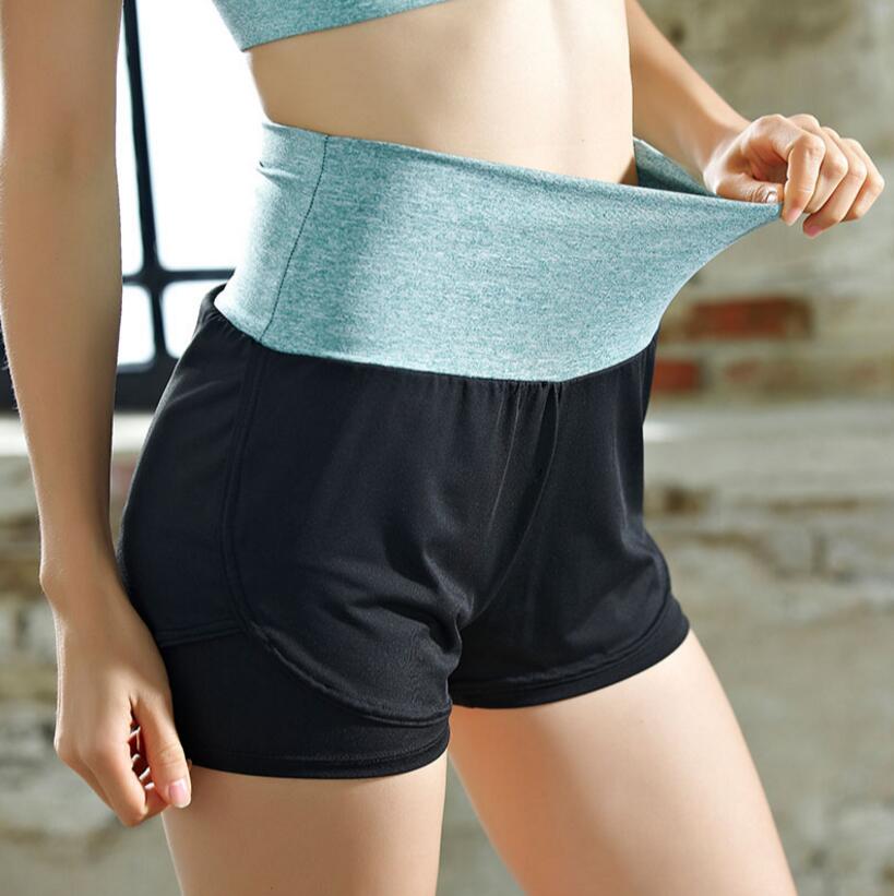 Womens Fitness Yoga High waist shorts Fake Two pcs Sport Running Slim sportswear short