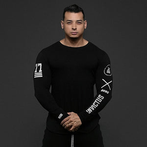 Men Skinny Long Sleeve Shirt Spring Casual Fashion Print T-Shirt Male Gym Fitness Black Tee Tops Quick Dry Bodybuilding Clothing