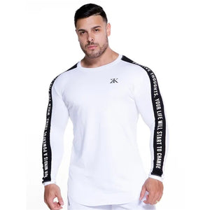 Men Skinny Long Sleeve Shirt Spring Casual Fashion Print T-Shirt Male Gym Fitness Black Tee Tops Quick Dry Bodybuilding Clothing