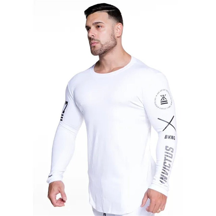 Men Skinny Long Sleeve Shirt Spring Casual Fashion Print T-Shirt Male Gym Fitness Black Tee Tops Quick Dry Bodybuilding Clothing