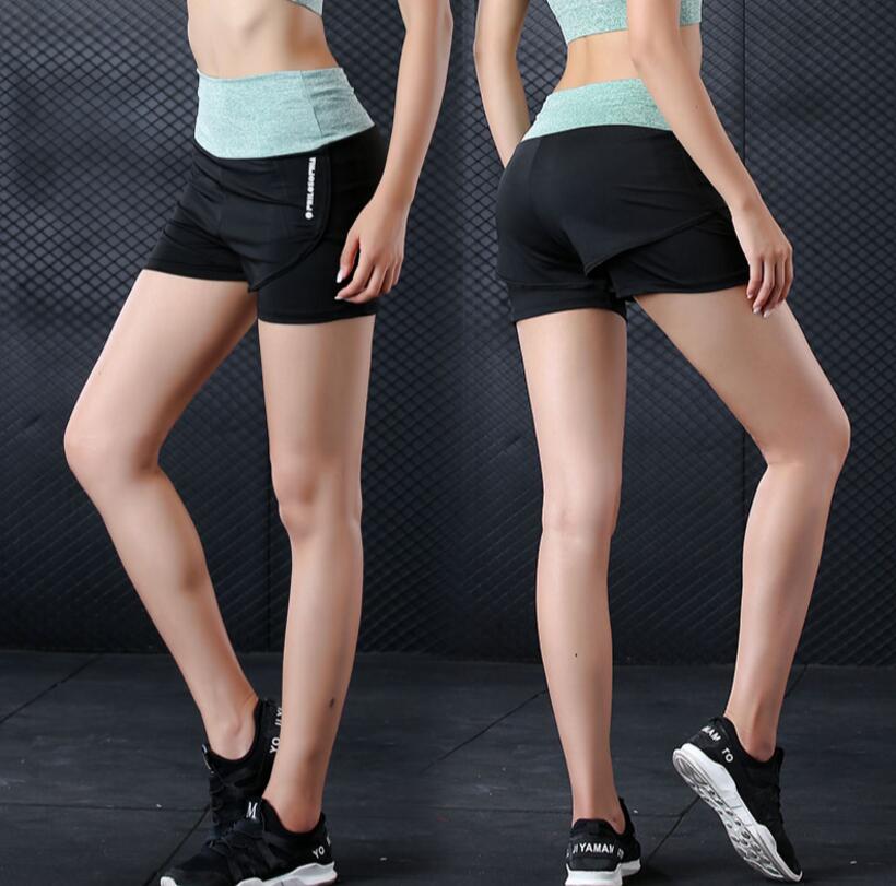 Womens Fitness Yoga High waist shorts Fake Two pcs Sport Running Slim sportswear short