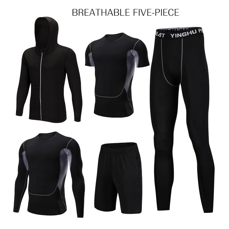 5 Pcs/Set Men&#39;s Tracksuit Sports Suit Gym Fitness Compression Clothes Running Jogging Sport Wear Exercise Workout Tights