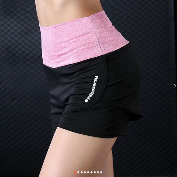 Womens Fitness Yoga High waist shorts Fake Two pcs Sport Running Slim sportswear short