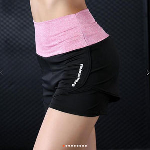 Womens Fitness Yoga High waist shorts Fake Two pcs Sport Running Slim sportswear short