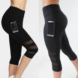 yoga pants with pocket women running legging Capri Sport pants Fitness Gym High Waist Legging Girl Black Mesh 3/4 Yoga Pants