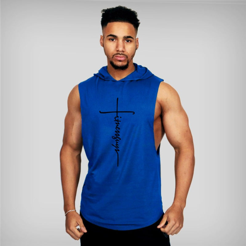 Muscle Fitness Guys Gym Clothing Mens Bodybuilding Hooded Tank Top Men Cotton Sleeveless T Shirt Running Vest Workout Sportswear