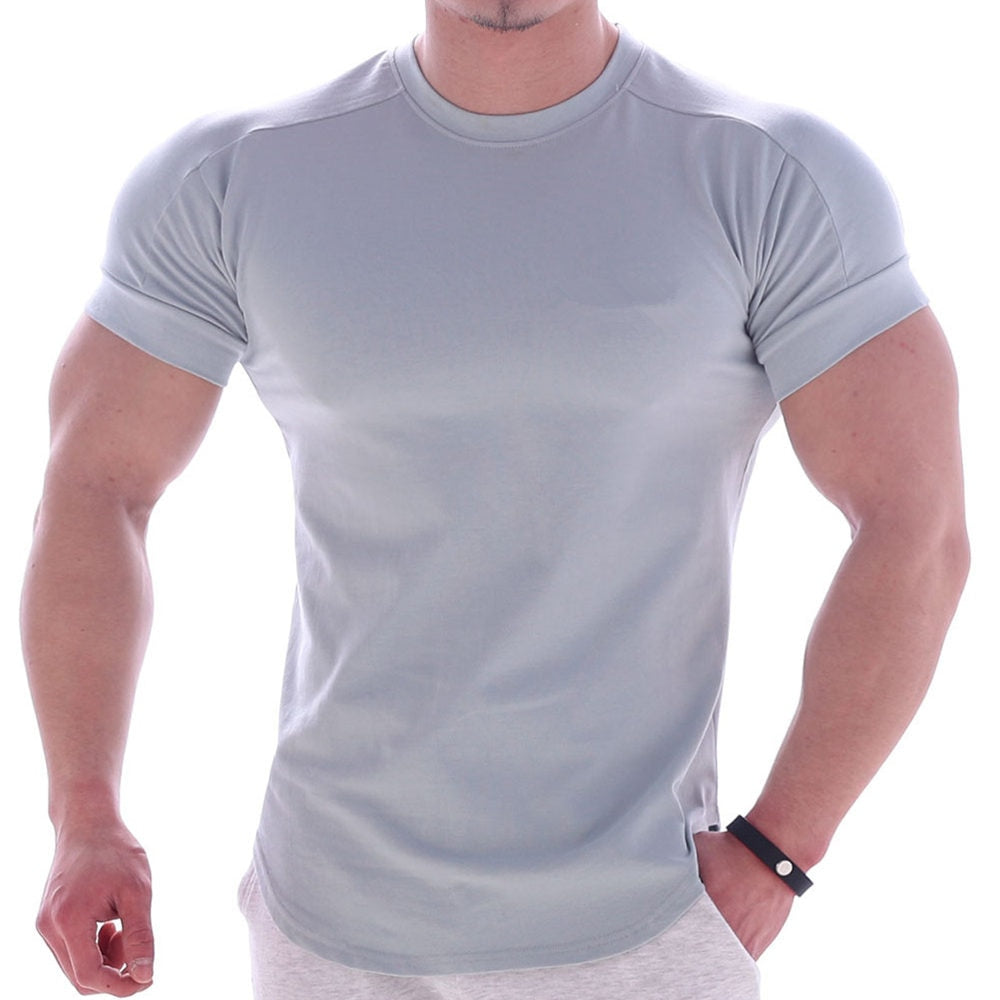 Solid Gym Fitness tshirt Men Casual Cotton Short sleeve T-shirt Bodybuilding Skinny Tee shirt Tops Male Summer Training Clothing