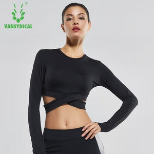 Sexy Exposed navel Yoga T-shirts Women Long Sleeve Running Tees Quick Dry Fitness Gym Crop Tops Vansydical Solid Sports Shirts