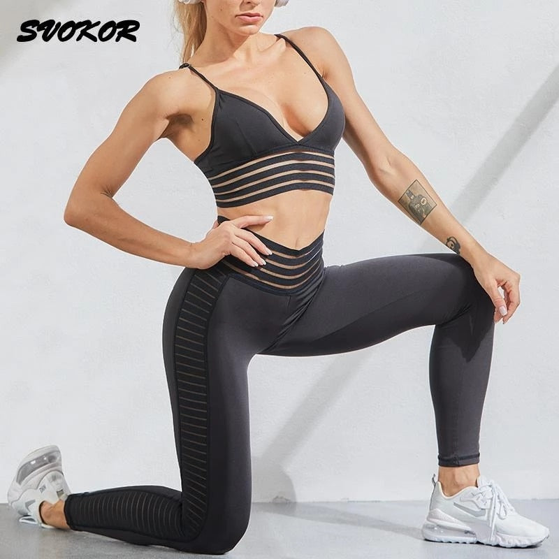 SVOKOR Geometric Yoga Set Breathable Fitness Sports Suit Sports Bra High Waist Women Gym Leggings Workout Pants Sportswear