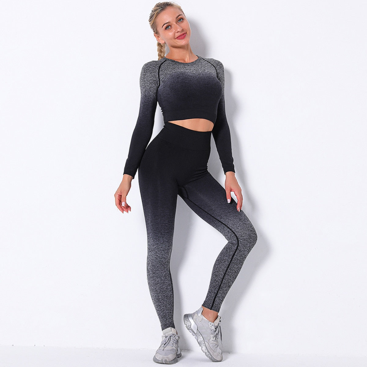 Women Yoga Set Gradient Yoga High Waist Sport Leggings Gym Clothing Set Yoga Sports Suit Fitness Top Shirt Yoga Suit