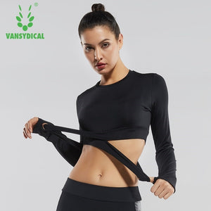 Sexy Exposed navel Yoga T-shirts Women Long Sleeve Running Tees Quick Dry Fitness Gym Crop Tops Vansydical Solid Sports Shirts