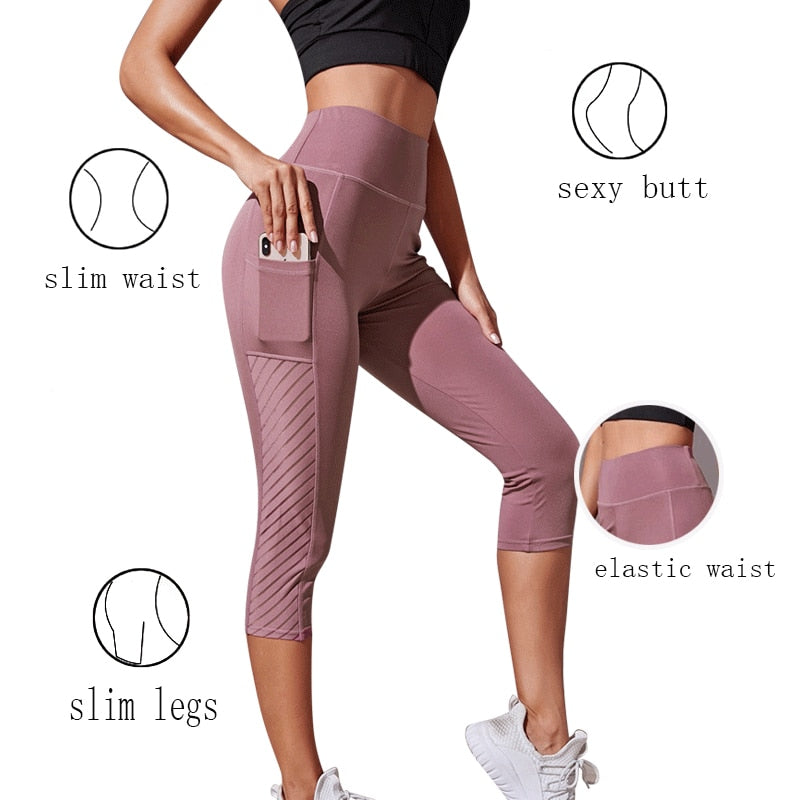 Sport Shorts cropped pants Female Fitness Nudity High Waist Hip Lift Running Yoga Side Pockets Tights Quick Dry Gym Sportswear