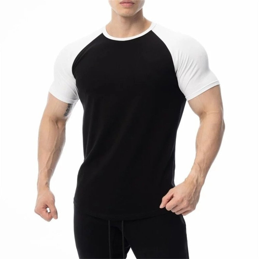 Men Cotton Patchwork T-shirt Summer Gym Fitness Bodybuilding Skinny Short sleeve Shirts Male Casual Training Tees Tops Clothing