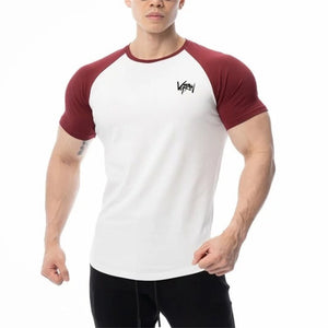 Men Cotton Patchwork T-shirt Summer Gym Fitness Bodybuilding Skinny Short sleeve Shirts Male Casual Training Tees Tops Clothing