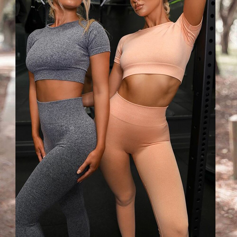 Shirts Legging Work-out Suit 2 Piece Sports Short Sleeve Crop Top High Waist Running Legging Set Gym Clothing Fitness Tracksuit