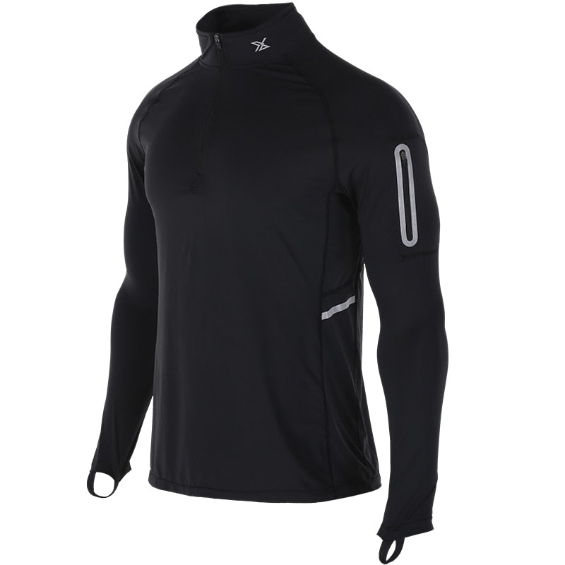 Running Shirt Men Zipper Pullover Madarin Collar Long Sleeve with Pocket Sports Active Wear for Gym Clothing Workout Shirt Male