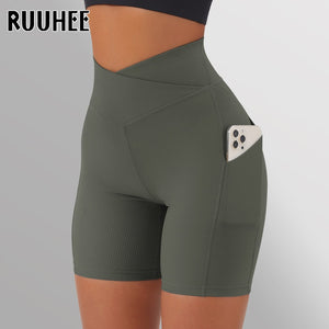 RUUHEE Leggings Women High Waist Yoga Sport Shorts Biker Shorts Women Sports Leggings For Fitness Cross Waist Pocket Yoga Pant