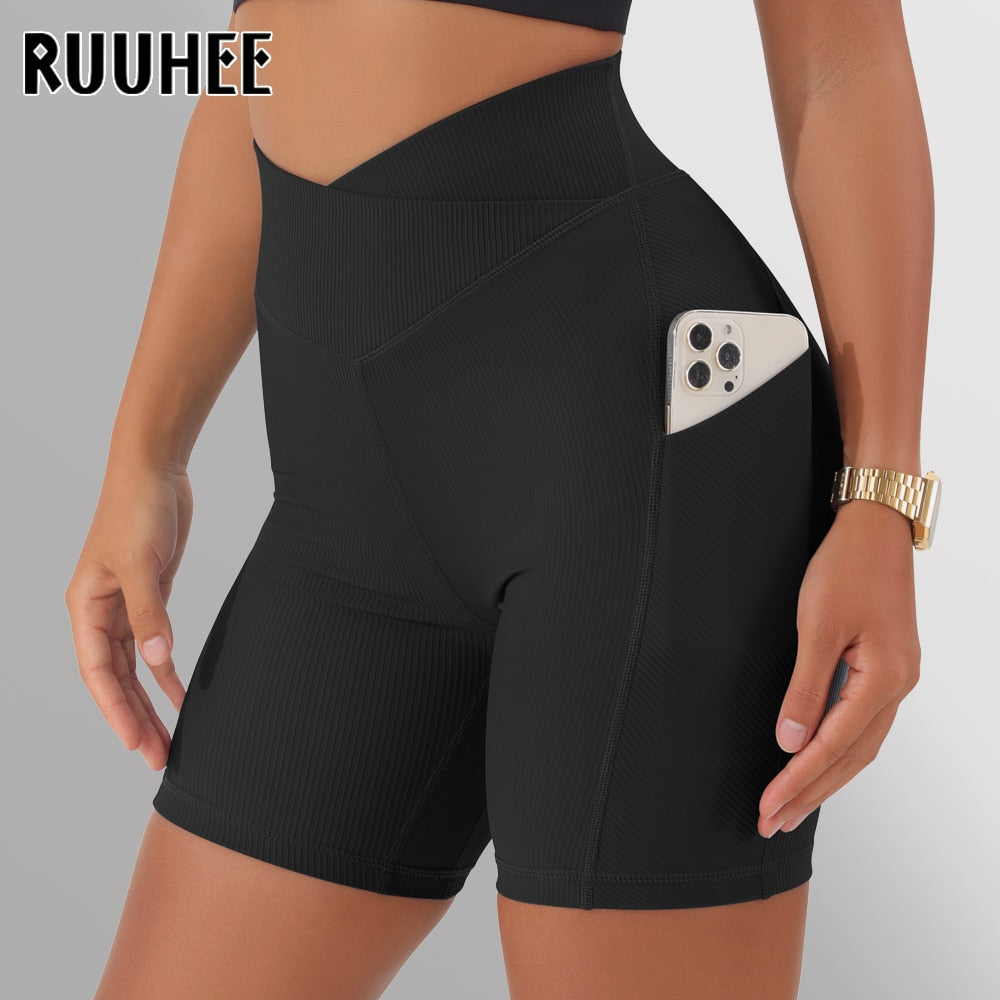 RUUHEE Leggings Women High Waist Yoga Sport Shorts Biker Shorts Women Sports Leggings For Fitness Cross Waist Pocket Yoga Pant