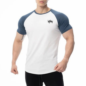 Men Cotton Patchwork T-shirt Summer Gym Fitness Bodybuilding Skinny Short sleeve Shirts Male Casual Training Tees Tops Clothing