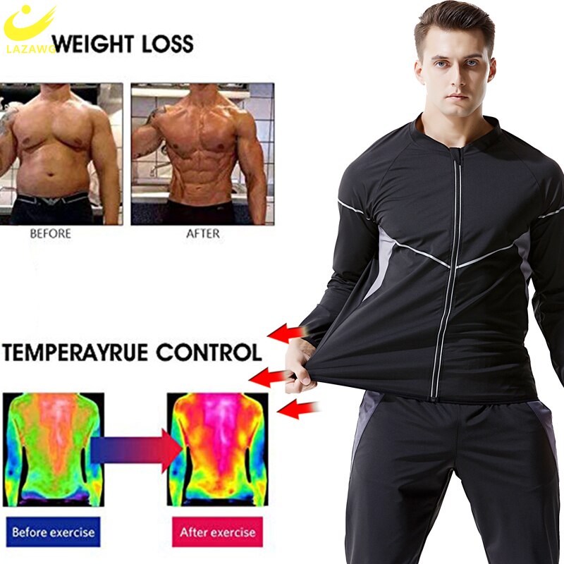 LAZAWG Mens Sauna Set Sweat Suit Weight Loss Top Pant Slimming Jacket Trousers Workout Leggings Shirt Body Shaper Fat Burner Gym