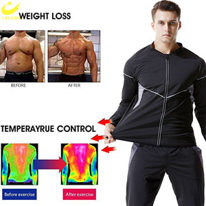 LAZAWG Mens Sauna Set Sweat Suit Weight Loss Top Pant Slimming Jacket Trousers Workout Leggings Shirt Body Shaper Fat Burner Gym