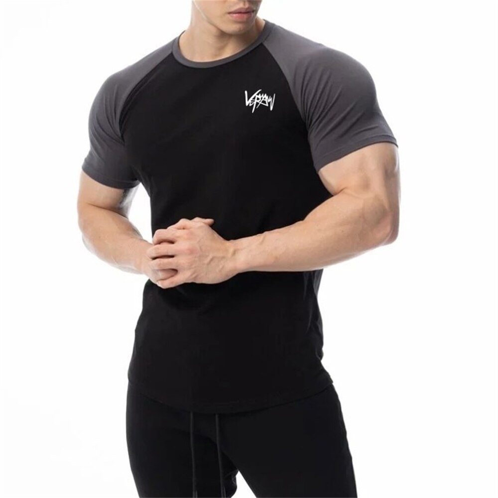 Men Cotton Patchwork T-shirt Summer Gym Fitness Bodybuilding Skinny Short sleeve Shirts Male Casual Training Tees Tops Clothing