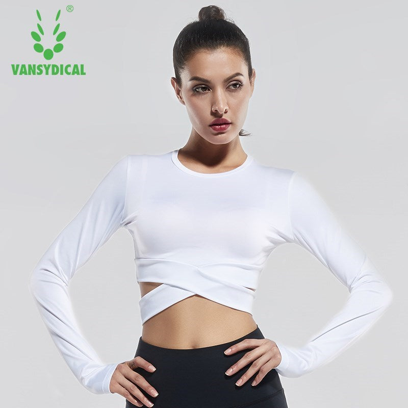 Sexy Exposed navel Yoga T-shirts Women Long Sleeve Running Tees Quick Dry Fitness Gym Crop Tops Vansydical Solid Sports Shirts