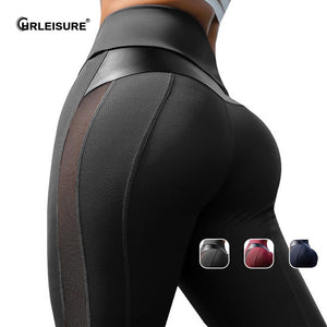 CHRLEISURE PU Leather Mesh Patchwork Leggings Women High Waist Sexy Fitness Pants Gym Push Up Workout Breathable Sports Leggings