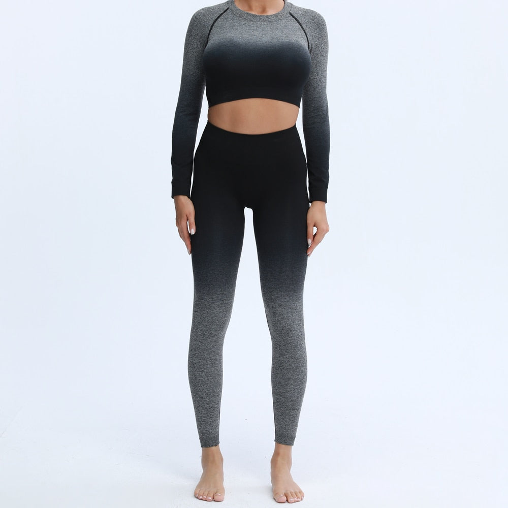 Nepoagym Women New Ombre Long Sleeve Cropped Top Compression Workout Shirts Soft Yoga Tops for Sport Fitness