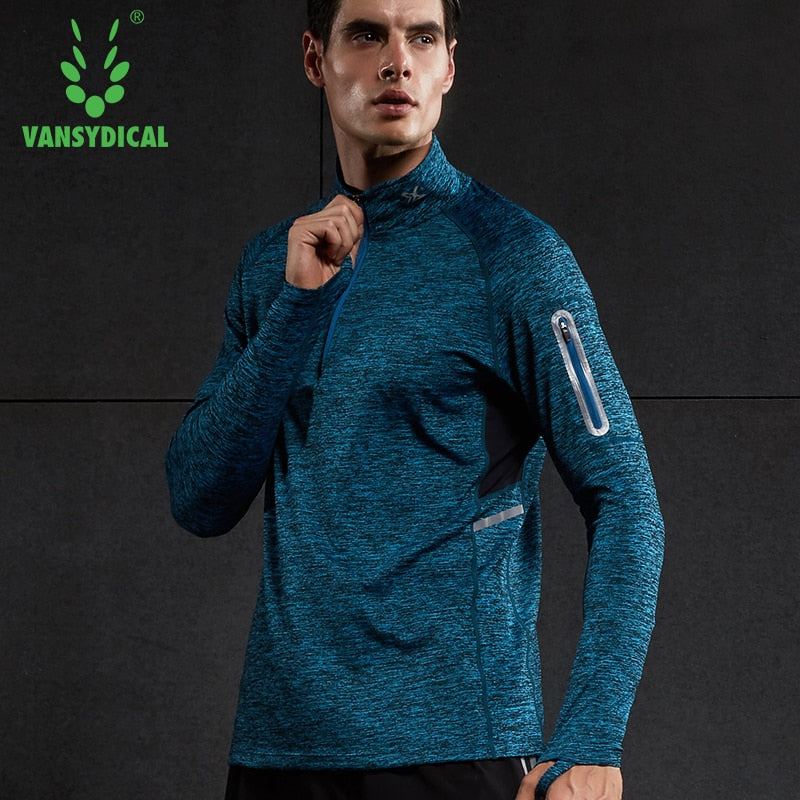 Running Shirt Men Zipper Pullover Madarin Collar Long Sleeve with Pocket Sports Active Wear for Gym Clothing Workout Shirt Male