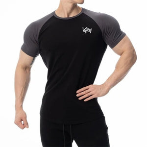 Men Cotton Patchwork T-shirt Summer Gym Fitness Bodybuilding Skinny Short sleeve Shirts Male Casual Training Tees Tops Clothing