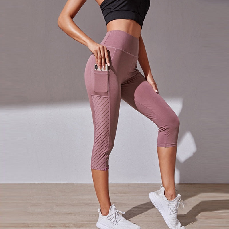 Sport Shorts cropped pants Female Fitness Nudity High Waist Hip Lift Running Yoga Side Pockets Tights Quick Dry Gym Sportswear