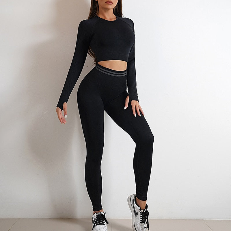 Seamless Yoga Sets Sports Fitnes High Waist Hip Raise Pants Long-Sleeved Backless Suits Workout Clothes Gym Shorts Set for Women