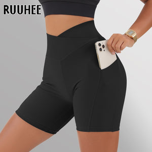 RUUHEE Leggings Women High Waist Yoga Sport Shorts Biker Shorts Women Sports Leggings For Fitness Cross Waist Pocket Yoga Pant