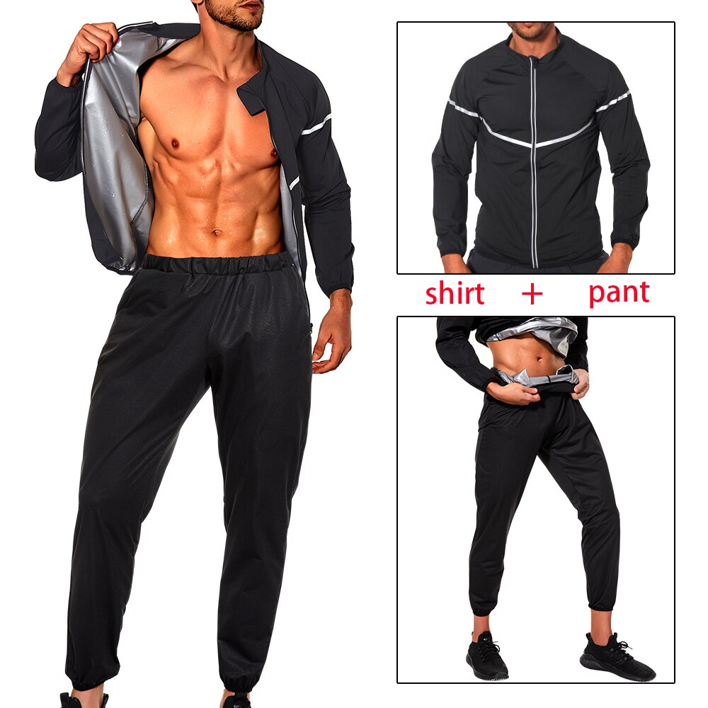 LAZAWG Sauna Suit for Men Sweat Leggings Pants Weight Loss Set Jacket Workout Slimming Top Trousers Body Shaper Fat Burner Gym