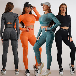 Seamless Yoga Sets Sports Fitnes High Waist Hip Raise Pants Long-Sleeved Backless Suits Workout Clothes Gym Shorts Set for Women